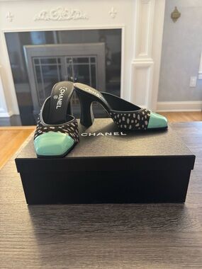 Chanel Matthieu Blazy SS Lambskin & Patent Calfskin Black, White & Green Mules
